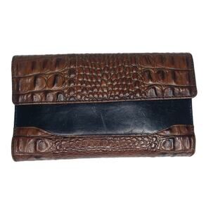 Brahmin Vintage Melbourne Brown Croc Black Leather Trifold Clutch Wallet Kiss